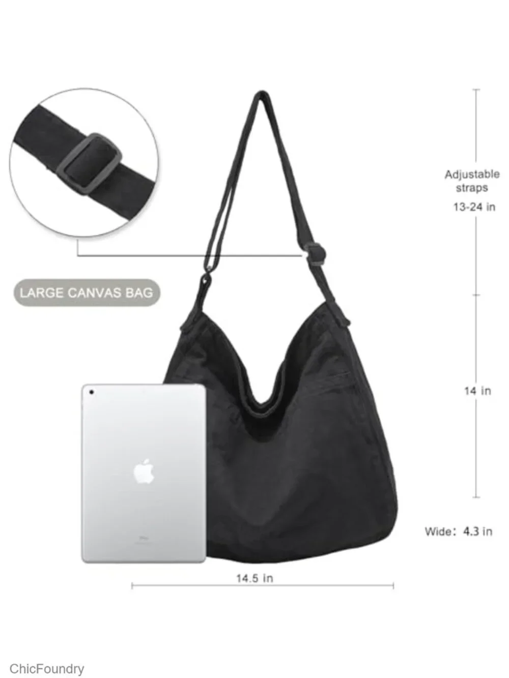 Large Canvas Tote Hobo Crossbody Bag with Zipper